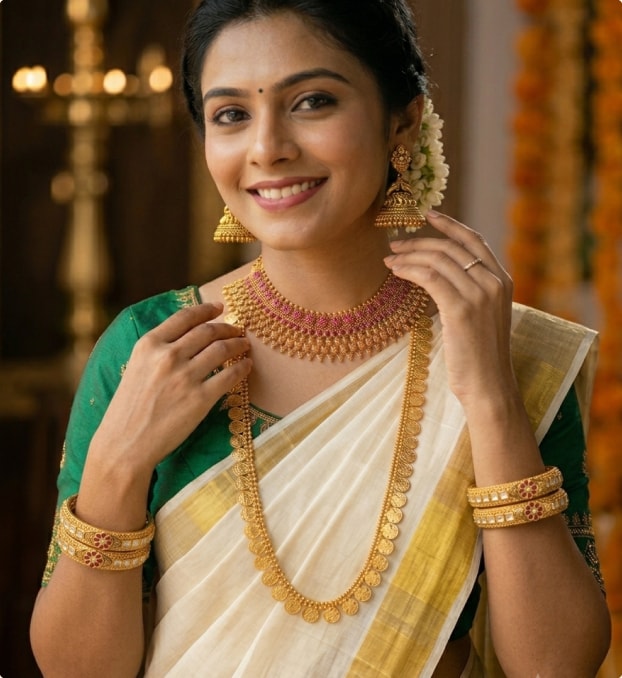 Woman wearing traditional gold temple jewellery with a Kerala kasavu saree