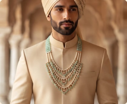 Man in a cream sherwani wearing a layered green bead necklace